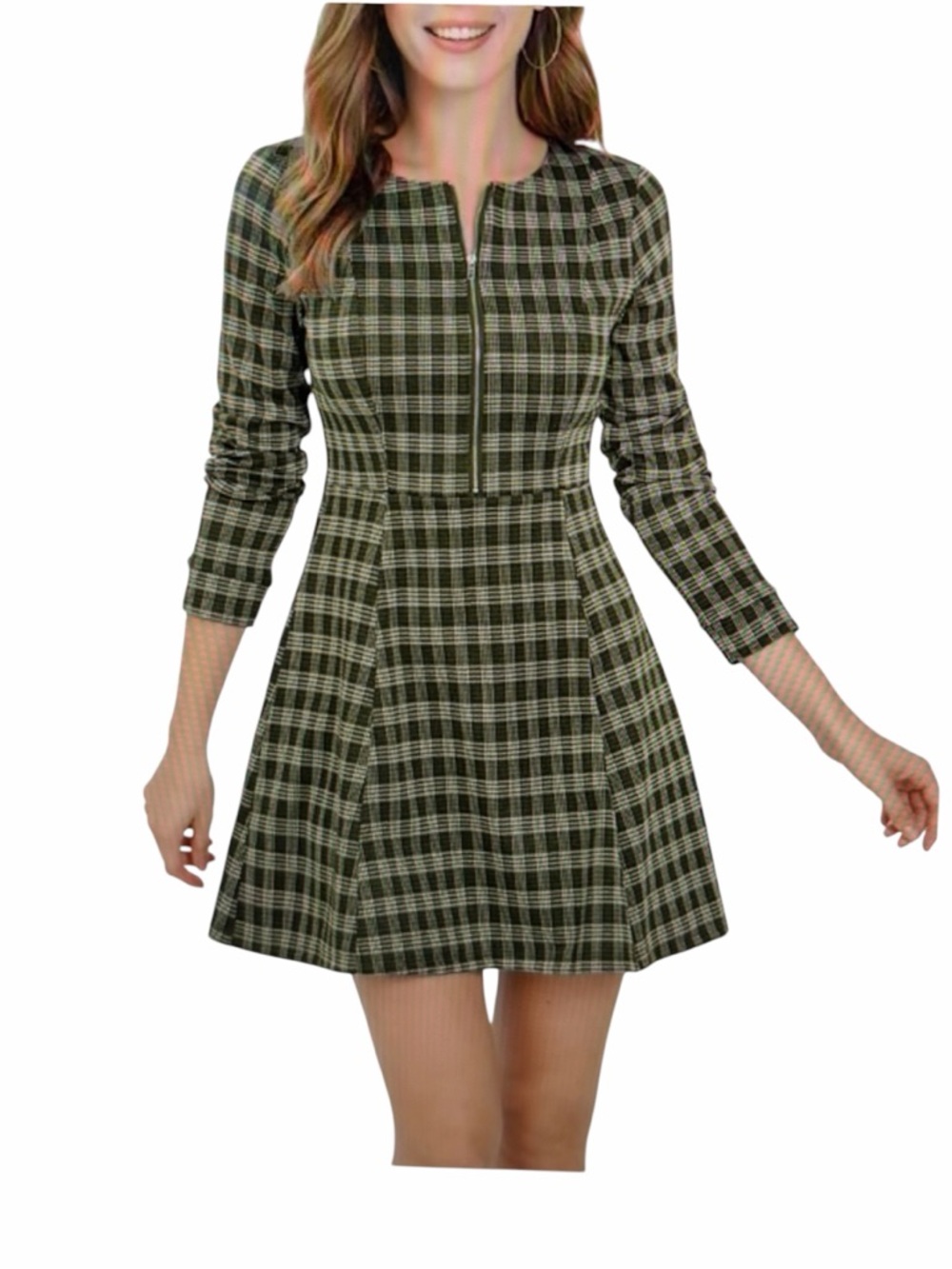 New Allegra K Green Plaid Dress Zip Front Long Sleeve Knit Womens Large